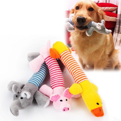 Golden retriever holding Funny Dog Sound Squeak Pet Toy shaped like a plush elephant, ideal for interactive pet play and chewing fun.