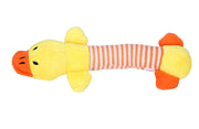 Yellow duck-shaped Funny Dog Sound Squeak Pet Toy with orange striped body, soft plush material perfect for dog playtime and chewing.