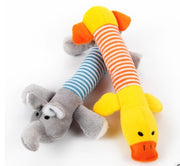 Two Funny Dog Sound Squeak Pet Toys in elephant and duck designs with striped bodies, perfect for playful chewing and squeaky fun.