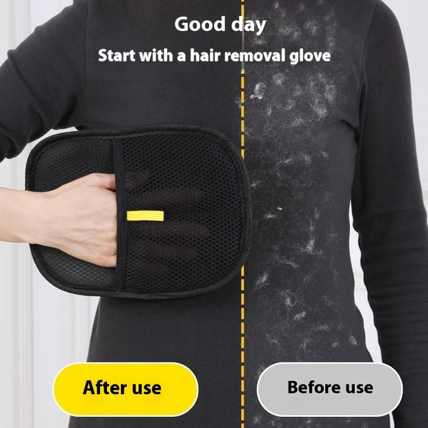 Before and after use of pet hair remover glove on black shirt. Effectively removes pet hair from clothing surfaces.