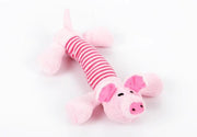 Pink pig-shaped Funny Dog Sound Squeak Pet Toy with striped body, soft plush design ideal for dogs to chew and play with.