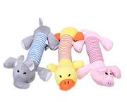 Set of three Funny Dog Sound Squeak Pet Toys featuring pig, duck, and elephant designs with colorful stripes, great for pet entertainment.