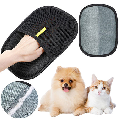 Dual-sided pet hair remover mitt for dogs, cats, and rabbits with long, short, or curly hair. Ideal for grooming and deshedding.