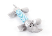 Gray elephant-shaped Funny Dog Sound Squeak Pet Toy with blue striped body, designed for dogs to enjoy squeaky and chewable fun.
