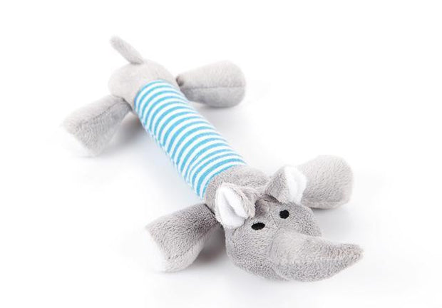 Gray elephant-shaped Funny Dog Sound Squeak Pet Toy with blue striped body, designed for dogs to enjoy squeaky and chewable fun.