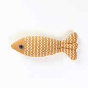 Yellow Cat Toy Funny Cat Linen Fish Pillow featuring a white zigzag pattern, perfect for cats to bite and cuddle.