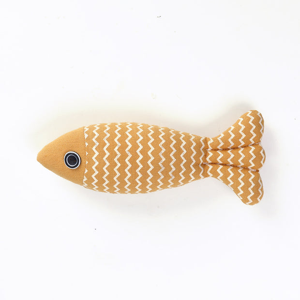 Yellow Cat Toy Funny Cat Linen Fish Pillow featuring a white zigzag pattern, perfect for cats to bite and cuddle.