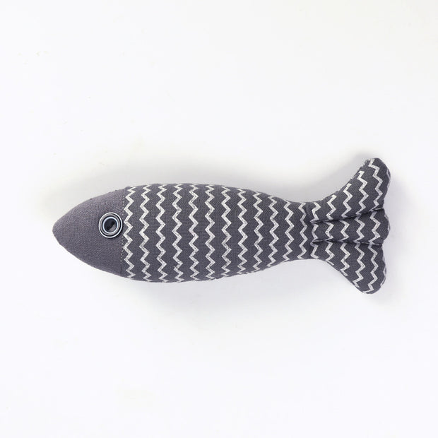 Gray Cat Toy Funny Cat Linen Fish Pillow with white zigzag design, made from linen for biting and self-play.