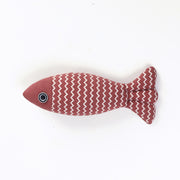 Red Cat Toy Funny Cat Linen Fish Pillow with eye detail and zigzag print, designed for cat biting and self-entertainment.