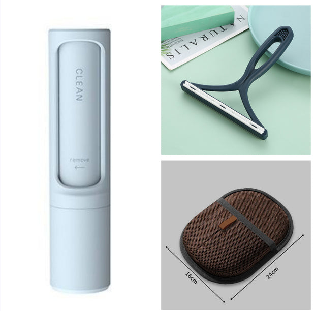 Pet grooming kit with brown glove, lint roller, and scraper. Complete solution for pet hair removal and cleaning.