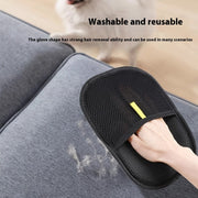 Washable and reusable pet hair remover glove cleaning sofa. Perfect for removing pet fur from upholstery and fabrics.